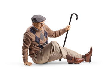 Sticker - Elderly man with a cane sitting on the floor in pain