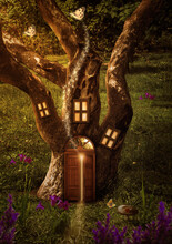 Fantasy House In Old Tree In Enchanted Fairy Tale Forest, Magical Elf Or Gnome Home With Shining Windows And Open Door In Magic Fairytale World, Flying Butterflies Leaving Path With Luminous Sparkles.