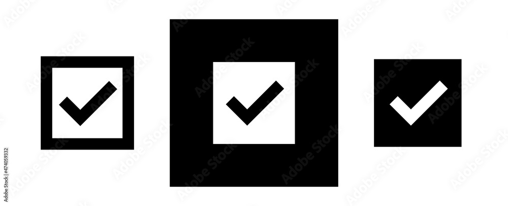 Set of check mark icons in a square. Tick marks: Accepted, Approved ...