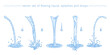 Vector set of pouring water flows, drops and splashes. Different streams and trickles. Purified drinking and tap water. Light blue liquid elements. Simple linear drawing