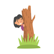 Little Girl Playing Hide And Seek Concealing Behind Tree Trunk Vector Illustration