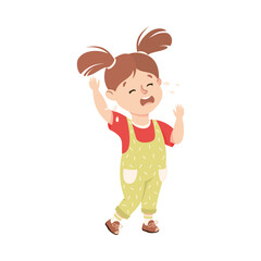 Sticker - Little Girl in Jumpsuit Standing and Crying Feeling Sad Vector Illustration