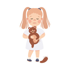 Sticker - Little Sad Girl Holding Teddy Bear with Ripped Paw and Feeling Sad Vector Illustration