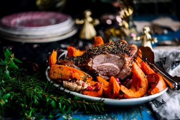 Canvas Print - Garlic Herb butter Roasted turkey thighs .style rustic.