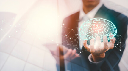 Poster - Businessman touch  brain icon and line control in graph Screen Icon of a media screen, Technology Process System,Concept Futuristic medicine, the human body, and the future,brain. Online consultation.
