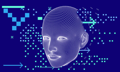 Aufkleber - 3D low poly wireframe model of a human head made of triangular pieces. Concept illustration of Artificial intelligence and Neural Network.