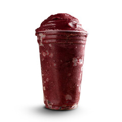 Brazilian Frozen Açai Berry Ice Cream Smoothie in plastic cup. On white background. Front view for menu and social media