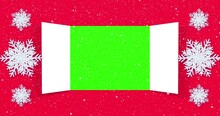 Christmas Advent Calendar Door Opening On Red Background And Large 3d Snowflakes. On Christmas Day An Open Wide Doors To Reveal Green Screen For Message. 4K Video Graphic Animation