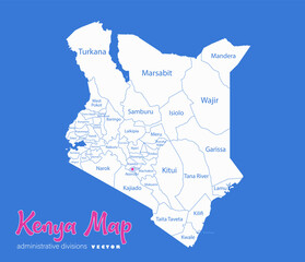 Wall Mural - Kenya map, administrative divisions whit names regions, blue background vector