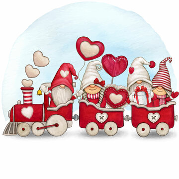 Watercolor love train with gnomes