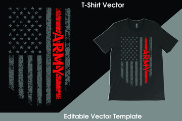 Proud USA Army T-Shirt Vector Template Design with vintage USA grunge flag design. Veteran remember and honor design, solder hero t-shirt designs.