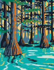 Canvas Print - WPA poster art of Caddo Lake State Park with bald cypress trees on lake and bayou in Harrison and Marion County East Texas, United States of America USA done in works project administration style.

