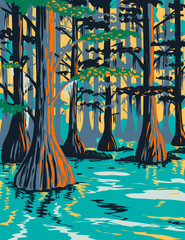 Sticker - WPA poster art of Caddo Lake State Park with bald cypress trees on lake and bayou in Harrison and Marion County East Texas, United States of America USA done in works project administration style.
