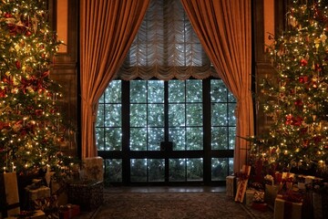 a beautiful room with large glass window, tall curtains and christmas trees