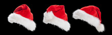 Set Of Santa Hats. Isolated On Black Background.