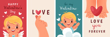 Cute Posters For Valentine's Day. Funny Cupid Or Angel, Hands Outstretched Heart, Hand Love Gestures.