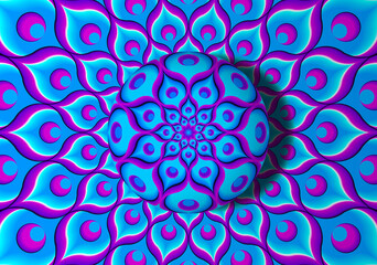 Wall Mural - blue background from feathers of peacock with growing sphere. optical expansion illusion.