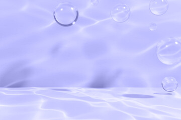 3d render of glass bubbles frame in a violet swimming pool like setting with light glares with color of the year