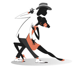 Wall Mural - Romantic dancing young African couple isolated illustration. Funny dancing young African man and woman isolated on white illustration