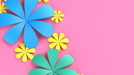 Fototapete - Pink background with green-blue-yellow paper flowers. Concept image of happy Invitation and reception sign. 3D CG. 3D high quality rendering. 3D illustration. High resolution.