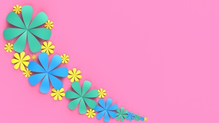 Fototapete - Pink background with green-blue-yellow paper flowers. Concept image of happy Invitation and reception sign. 3D CG. 3D high quality rendering. 3D illustration. High resolution.