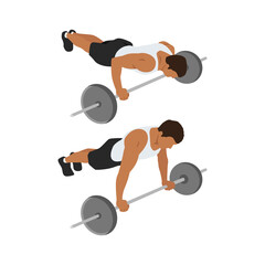 Wall Mural - Barbell push ups exercise. Flat vector illustration isolated on white background. workout character set