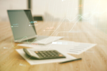 Poster - Multi exposure of stats data illustration on calculator and laptop background, computing and analytics concept