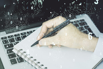 Poster - Abstract creative coding concept with world map and hand writing in notebook on background with laptop. Multiexposure