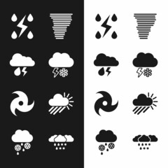 Sticker - Set Cloud with snow and lightning, rain, Storm, Tornado, Cloudy sun, and icon. Vector