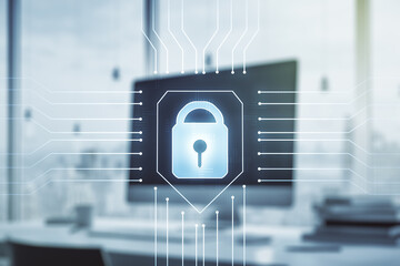 Poster - Creative light lock illustration with microcircuit on modern computer background, cyber security concept. Multiexposure