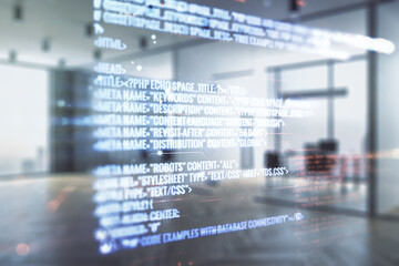 Poster - Abstract virtual coding concept on a modern furnished office background. Multiexposure