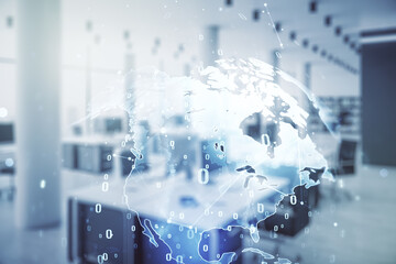 Poster - Abstract virtual coding concept and world map hologram on a modern furnished office background. Multiexposure