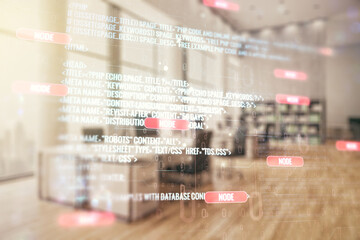 Poster - Abstract virtual coding illustration on a modern furnished classroom background, software development concept. Multiexposure