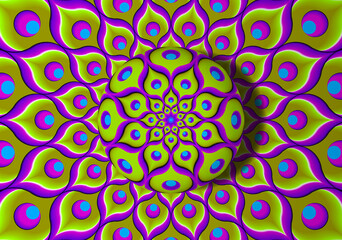 Wall Mural - green background from feathers of peacock with growing sphere. optical expansion illusion.