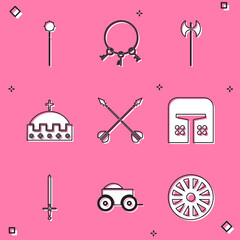 Poster - Set Medieval chained mace ball, Old keys, axe, King crown, crossed arrows, iron helmet, sword and Wooden four-wheel cart icon. Vector