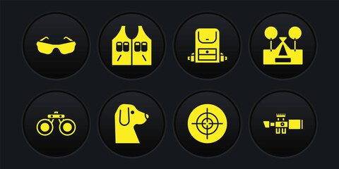 Sticker - Set Binoculars, Tourist tent, Dog, Target sport, Hiking backpack, Hunting jacket, Sniper optical sight and Glasses icon. Vector