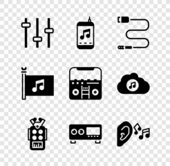 Sticker - Set Music equalizer, player, Audio jack, Microphone, Guitar amplifier, Ear listen sound signal, festival flag and Home stereo with speakers icon. Vector