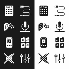 Sticker - Set Microphone, Ear listen sound signal, Drum machine, Audio jack, Music player, file document, equalizer and Speaker mute icon. Vector