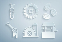Set Farm House, Seeds, Honey Dipper Stick, Well, Sunflower And Carrot Icon. Vector