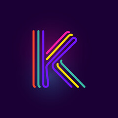 Wall Mural - K letter logo is made of three neon lines. Vector font with glowing effect.