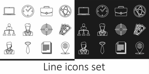 Canvas Print - Set line Cash location pin, Stacks paper money cash, Briefcase, User of man business suit, Referral marketing, Laptop, Target sport and Clock icon. Vector