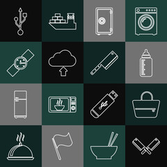 Poster - Set line Crossed meat chopper, Handbag, Baby bottle, Safe, Cloud upload, Wrist watch, USB and Meat icon. Vector