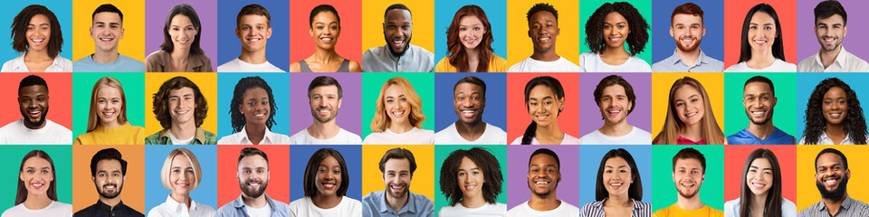  Headshots of young diverse smiling happy guys and ladies on colorful backgrounds, panorama