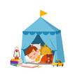 cute little boy sleep inside small tent