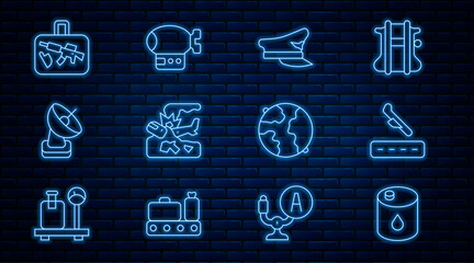 Wall Mural - Set line Barrel oil, Plane landing, Pilot hat, crash, Radar, Suitcase, Worldwide and Airship icon. Vector