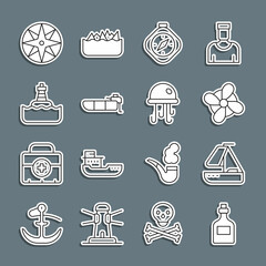 Sticker - Set line Rum bottle, Yacht sailboat, Boat propeller, Compass, Inflatable with motor, Floating buoy, Wind rose and Jellyfish icon. Vector