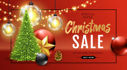 Wall Mural - Winter sale poster with christmas holiday decorations. Christmas and New Year background. Vector illustration