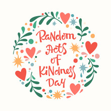 Vector Design Of Sticker With Inscription Random Acts Of Kindness Day In Round Shaped Frame On Pastel Pink Background
