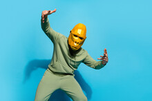 Photo Of Entertainer Funky Ape Baboon Dance Have Fun Wear Sportswear Gorilla Mask Isolated Blue Color Background