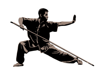 Silhouette of a man shows the Kung Fu wushu stance. The art of wushu with a spear. Vector illustration.